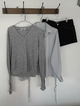 may sleeve button v-neck knit