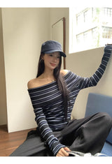 Stripe Slim Off-Shoulder Long-Sleeved Knit T-Shirt