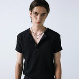 western yoke waffle henley neck half sleeve black