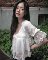 [ pure beauty 🤍 ] hees puff white & lace blouse