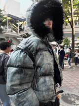 Carrot washed denim embroidered padded coat + black fur