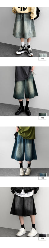 DA.D ウォッシングサイドピンタック付きワイドデニムショーツ