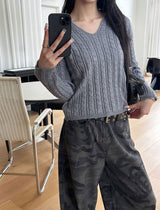 [F/W] ケーブルVネックカラクロップニット(4color)