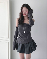 cardi shirring off-shoulder warmer + top set
