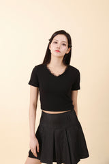 レースVネッククロップTシャツ White