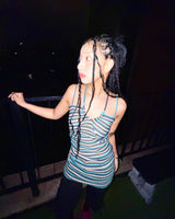 (2color) Bead Shirring Halterneck Stripe Mini Dress