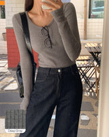 PU リブUネックTシャツ