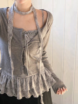 BN Check Frill Bustier + Cardigan + Tie Set (3color)