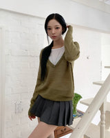 Monde Button Deep V-Neck Mohair Knit