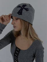 CROSS STUDDED BEANIE / MELANGE GRAY