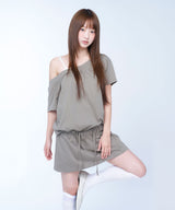 One shoulder shirring top - KHAKI