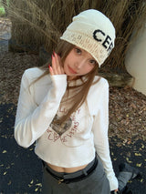 ハートプリンティド長袖クロップTシャツ