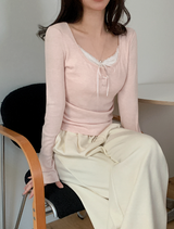 Minu Lace Layered Loose Button T-shirt (4color)