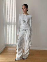 white overall pocket wide casual pants