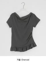 シマ ドレープ フリル オフショルダー 半袖Tシャツ