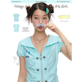 BETWEENAND “Mint Early Summer” Vintage Bud Polka-Dotted Cute Waist-Cut Shirt for Women – Unique Summer Top