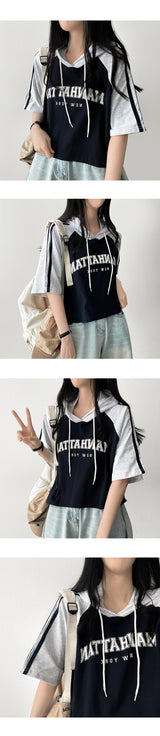 Showy Color Raglan Short Sleeve Hoodie