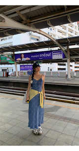 blue floral sleeveless chiffon long dress