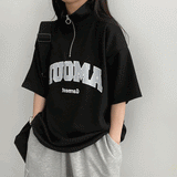 Janbeau レタリングハーフジップアップ半袖Tシャツ