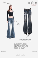 Cross-washed long semi-bootcut denim