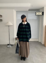 キヤン襟付きボーダーオーバー長袖Tシャツ