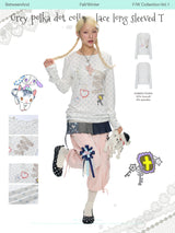 BETWEENAND Women’s long-sleeved T-shirt in autumn style, featuring beautiful white polka-dot lace trimmings