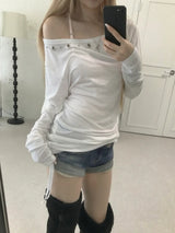 eyelet punching shirring long tee(4 color)