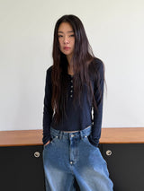 V neck button long sleeves(3color)