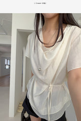 [Short Sleeve Version] Drape Color Matching Loose Fit Blouse