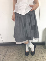 Karohi Sleeve Layered Check Shirring Midi Banding Skirt