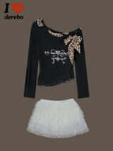 Leopard Scarf Unbalanced Off-Shoulder Long-Sleeved T-Shirt
