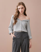 Elowen Open Collar Wide Cuff Long Sleeve Stripe Shirt Grey