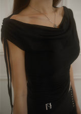 Meow Summer draping shrring Boat neck Top