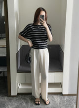Say Boat-Neck Roll-Up Stripe Knit
