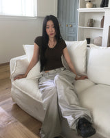 Qiya Glossy Shirring Parasuit Slit Wide Pants