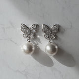 バタフライアンドパールピアス - Silver Color