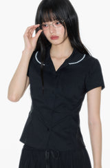 Black round neck lace trimmed waist cinched shirt