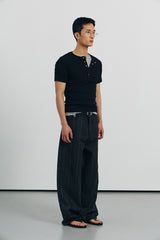 ニードストライプワイドデニムパンツ(Black)