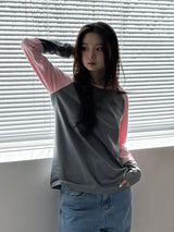 CEC レイヤード ストライプド スリーブ レーベル L/S(Charcoal Pink)