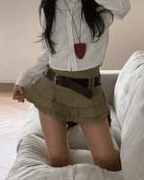  Bohemian 3-ply pleated cancan skirt pants & belt SET (2 colors)