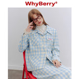 Why Berry 24SS "Sea Salt Bubble" ブルーアンドホワイトチェッカーショートコートショルダーパッドストレートジャケット