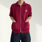 Cropped Embroidered Two-Way Track Line Short Sleeve Knitwear Zip-Up (3 colors)