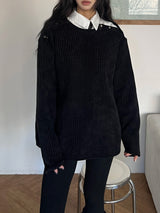 [UNISEX] オーバーフィット ベロア オフショルダー ダブルスナップボタン ロングスリーブ ニットT(4 colors)