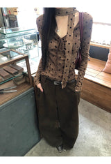 コットンウールスカーフドットブラウン長袖Tシャツ
