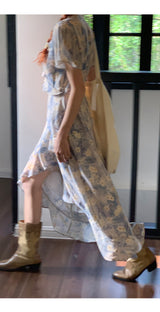 French flower shirring wrap dress