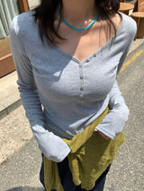 ボタン フェイク Vネック リブ スリム Tシャツ（8色）