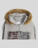 (UNISEX) USA Flag Fur Hood Zip-up