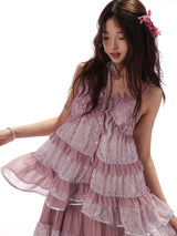 [ROSE ISLAND] Ziyanghua Section Floral Chiffon A-Line Large Swing Panel Spliced Sequin Skirt