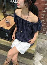 Ame Check Off-Shoulder Frill Short Sleeve Blouse