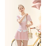 [GirlyFancyClub] Energetic Girl Academy Pink Short-sleeved Knit Pleated Skirt